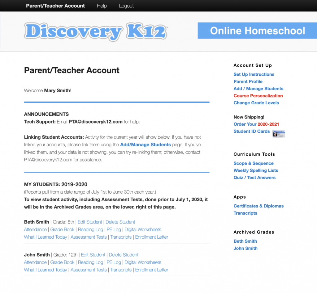 Discovery K12 Parent/Teacher Account